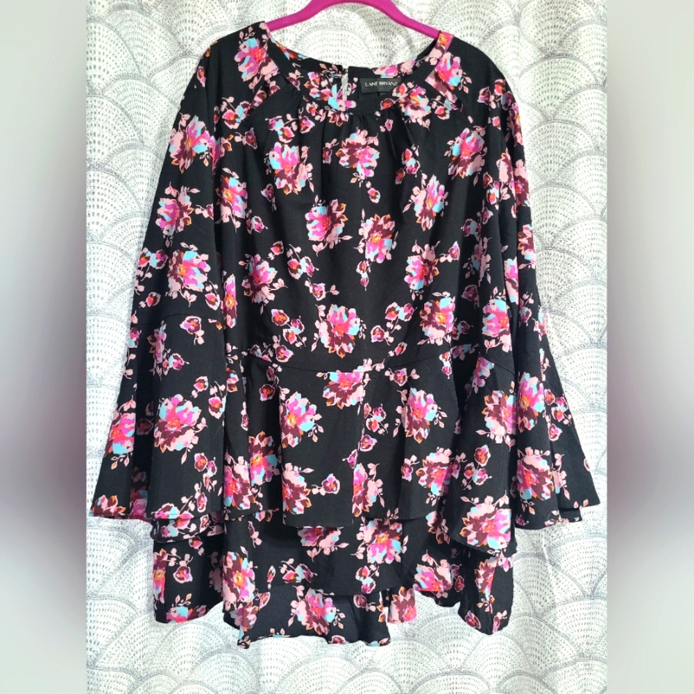 Lane Bryant Floral Babydoll Tiered Ruffle Long Bell Sleeve Blouse Size 28